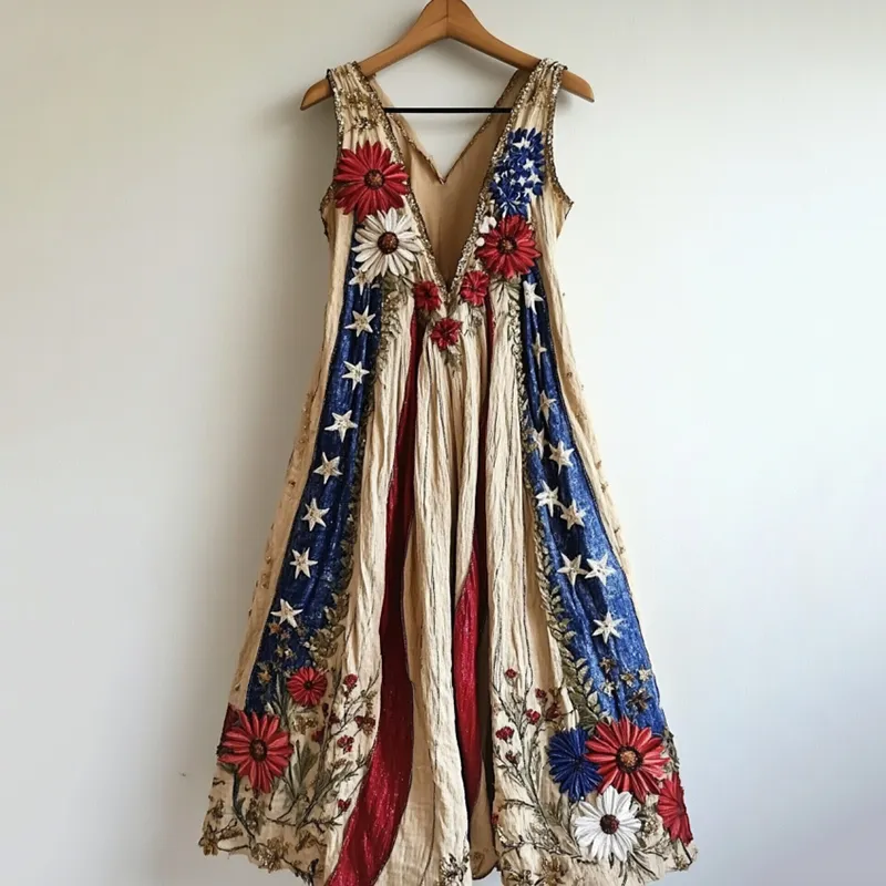 Women's Retro Independence Day Sunflower Art Linen Midi Dress