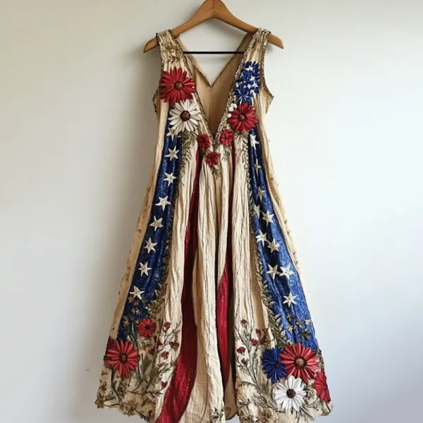 Women's Retro Independence Day Sunflower Art Linen Midi Dress