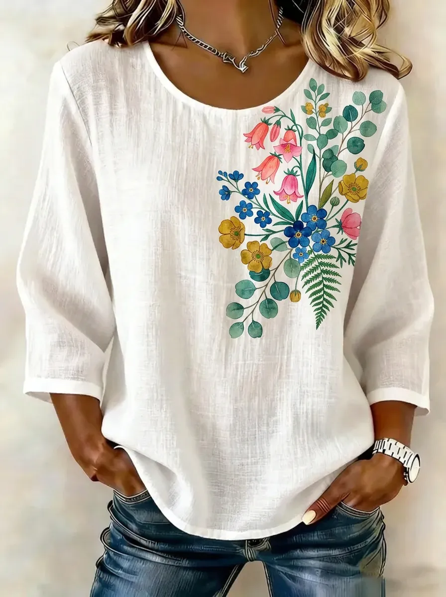 Women's Nashville Botanical Floral Printed linen-blend top