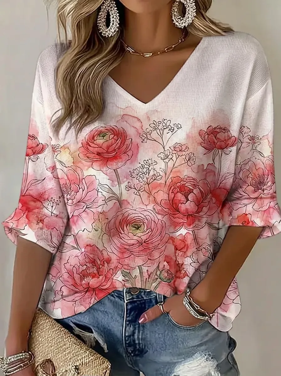 Women's Nashville Floral Watercolor Printed V-Neck Top