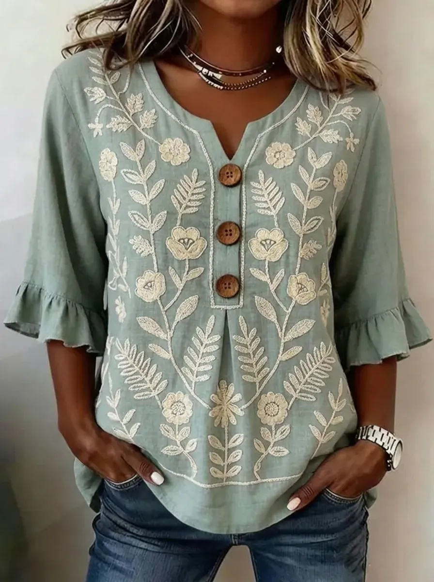 Women's Nashville Floral Embroidered Button V-Neck Ruffle Sleeve Top