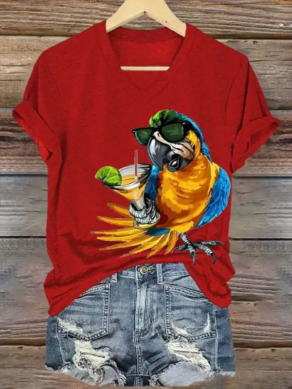 Women's Funny Drinking Parrot Print T-Shirt