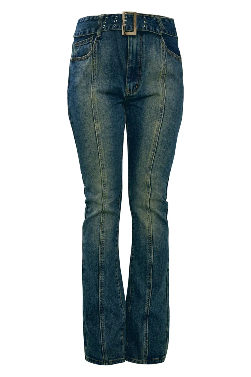 Indigo Vintage Wash Belted Seam Front Flare Jeans