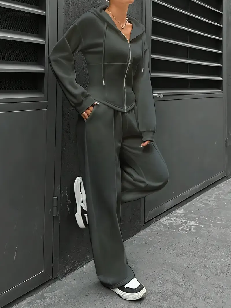 Women's Elegant Solid Color Polyester Hooded Tracksuit Set with Drawstring and Zipper Details – Knit Fabric Pantsuit for All Seasons