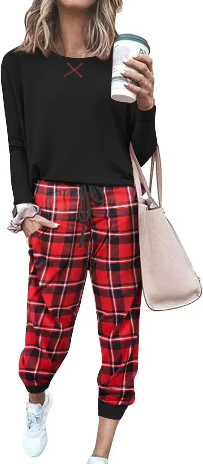 Women's Pajamas Sets Long Sleeve with Plaid Pants Soft Sleepwear O Neck 2 Piece Pjs Joggers Loung Set with Pockets