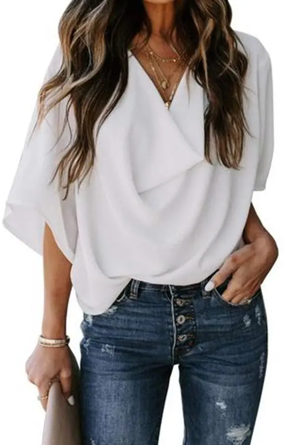 Solid Draped V-neck Half Sleeves Casual Blouse