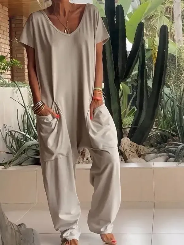 Casual V-neck Solid Color Jumpsuit