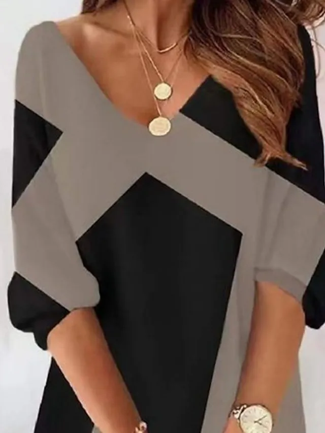 Women‘s T Shirt Dress Tee Dress Mini Dress Black Half Sleeve Color Block Patchwork Print Summer Spring V Neck Vacation Casual 2023 S M L XL XXL 3XL