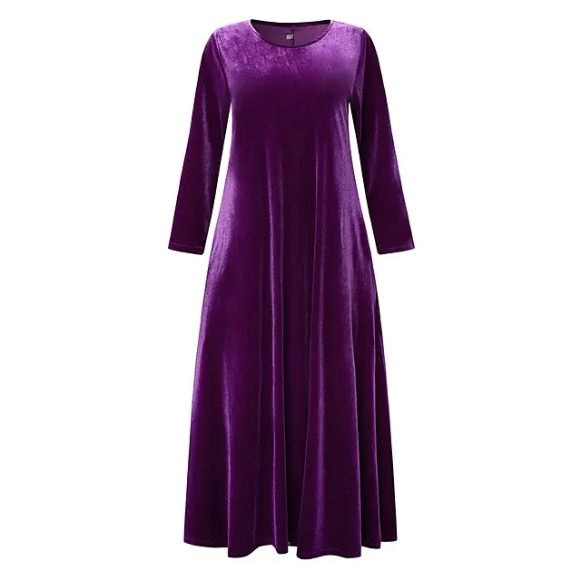 Women‘s Velvet Dress Shift Dress Caftan Dress Long Dress Maxi Dress Green Black Purple Long Sleeve Pure Color Pocket Winter Fall Spring Crew Neck Mature Winter Dress Daily Vacation 2023