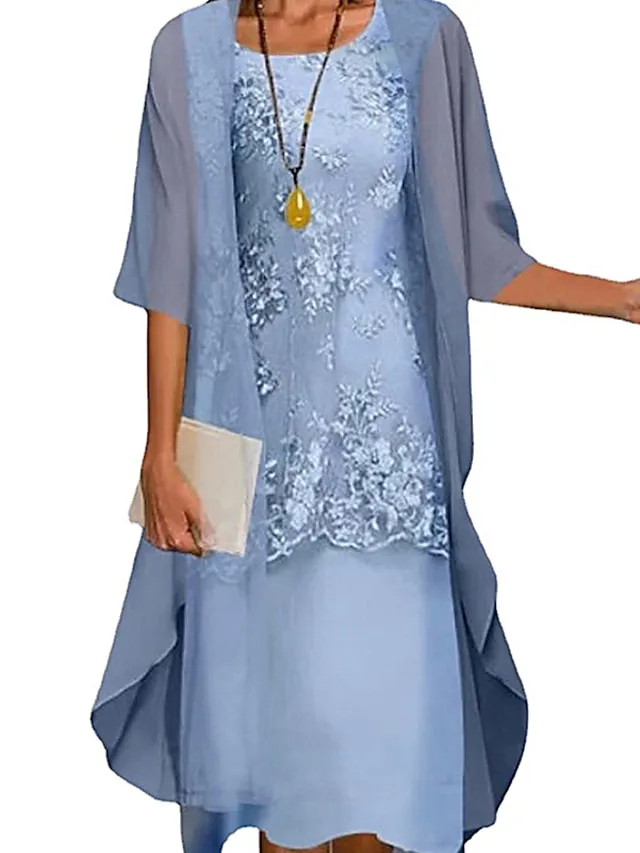 Women's Dress Set Lace Dress Midi Dress Light Blue Green Gray Half Sleeve Floral Embroidered Layered Patchwork Summer Spring Fall Crew Neck Elegant Chinoiserie 2023 M L XL XXL XXXL 4XL 5XL