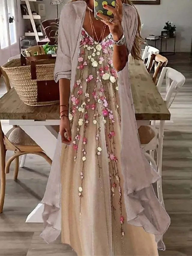 Women's Casual Dress Dress Set Two Piece Dress Long Dress Maxi Dress Purple Brown Green Half Sleeve Flower Print Summer Spring V Neck Fashion Vacation 2023 S M L XL XXL 3XL