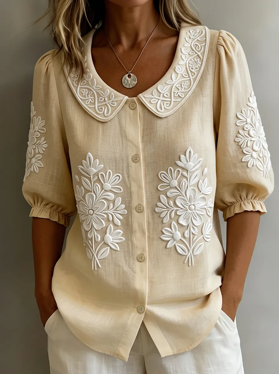 Women's Nashville Floral Embroidered Peter Pan Collar Blouse