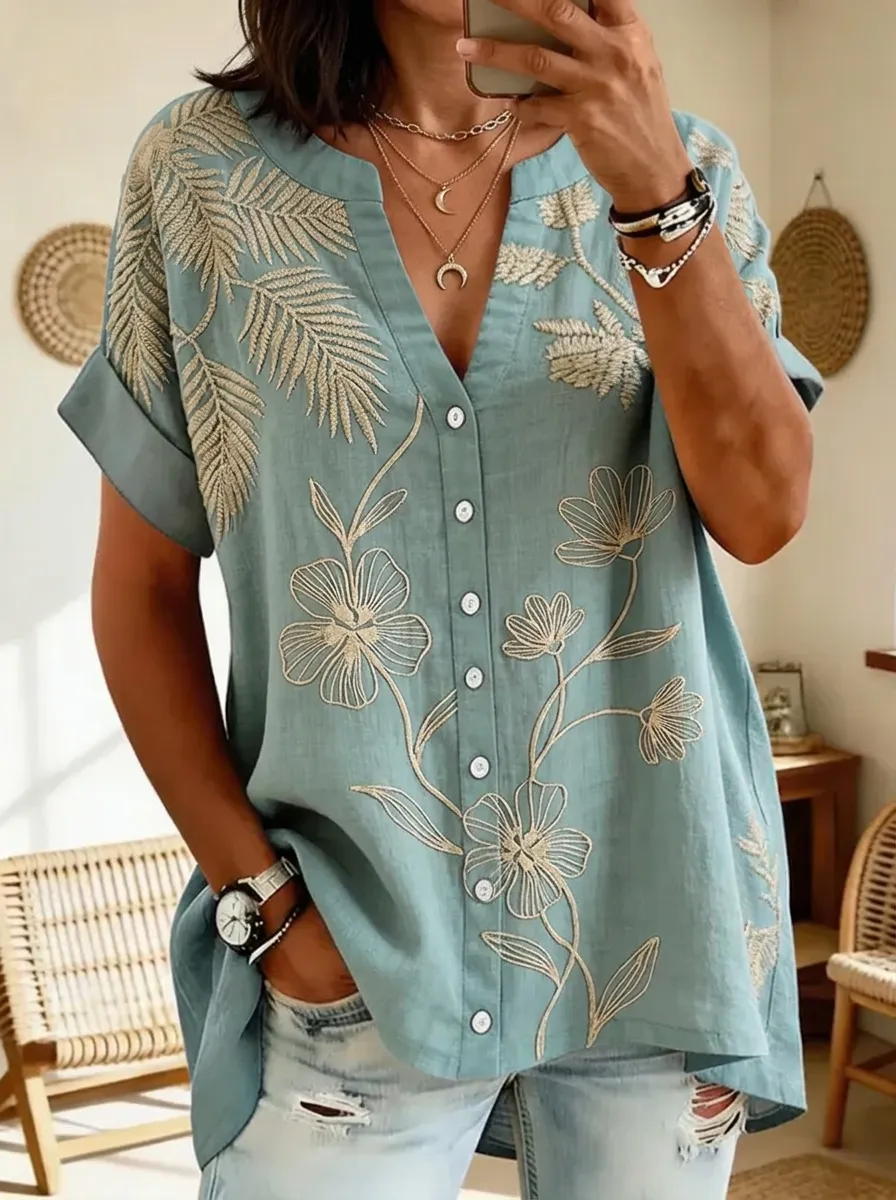 Women's Nashville Floral Palm Leaf Embroidered Printed Top