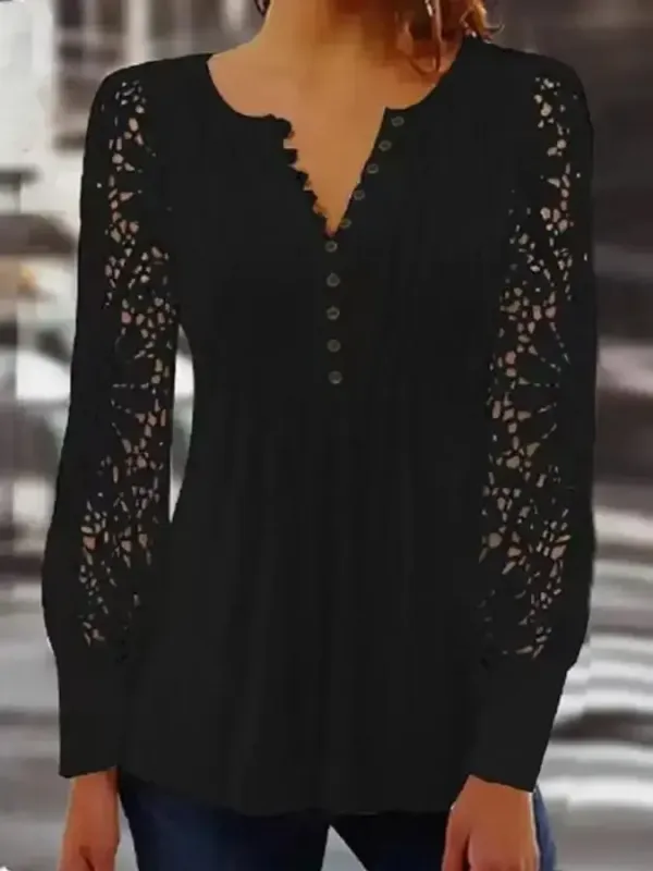 Casual Paneled Lace Long-Sleeved Top