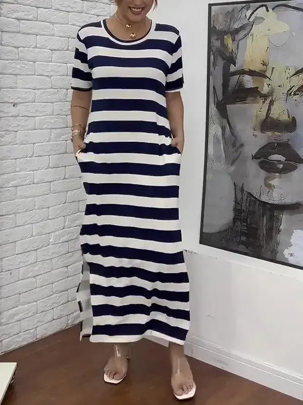Women's Casual Round-neck Striped Short-sleeved Dress