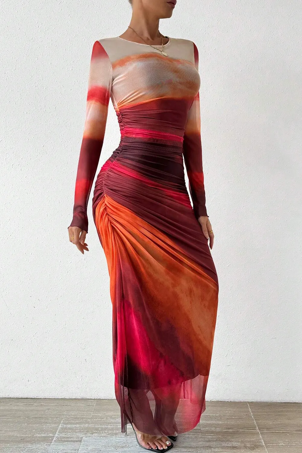 Women's Tie Dye Long Sleeve Pleated Dress