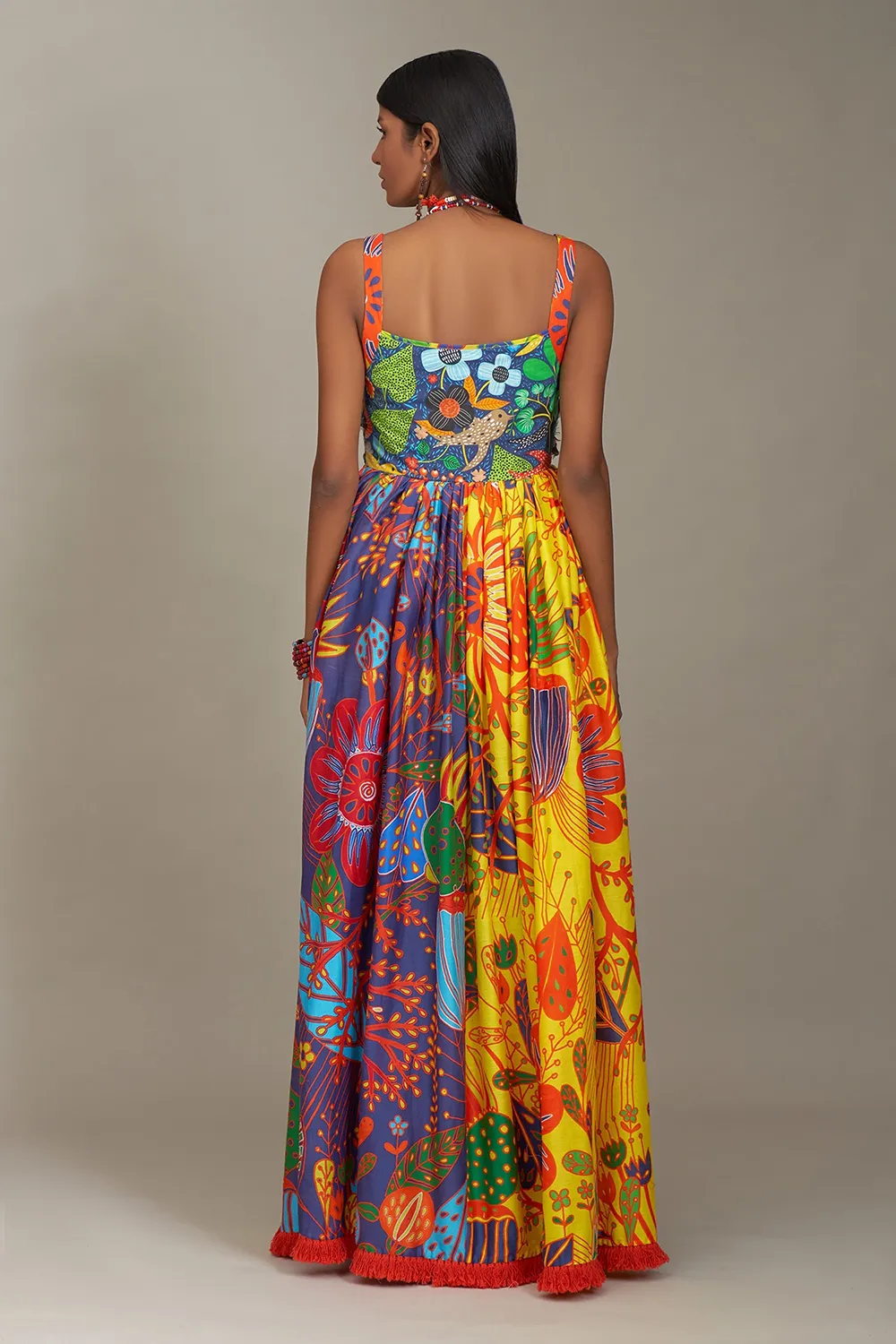 Multicolor cotton silk print floral square neck dress