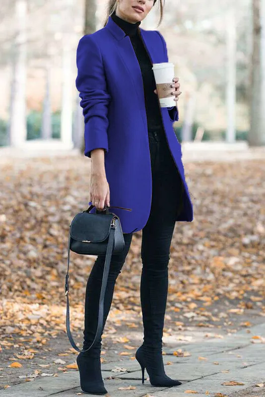 Solid standing collar slim long faux woolen coat