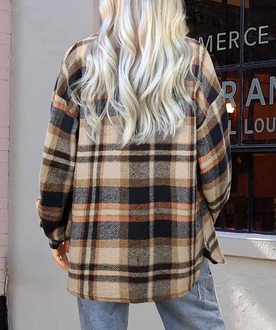 Women's Flannel Plaid Shacket Long Sleeve Button Down Chest Pocketed Shirts Jacket Coats