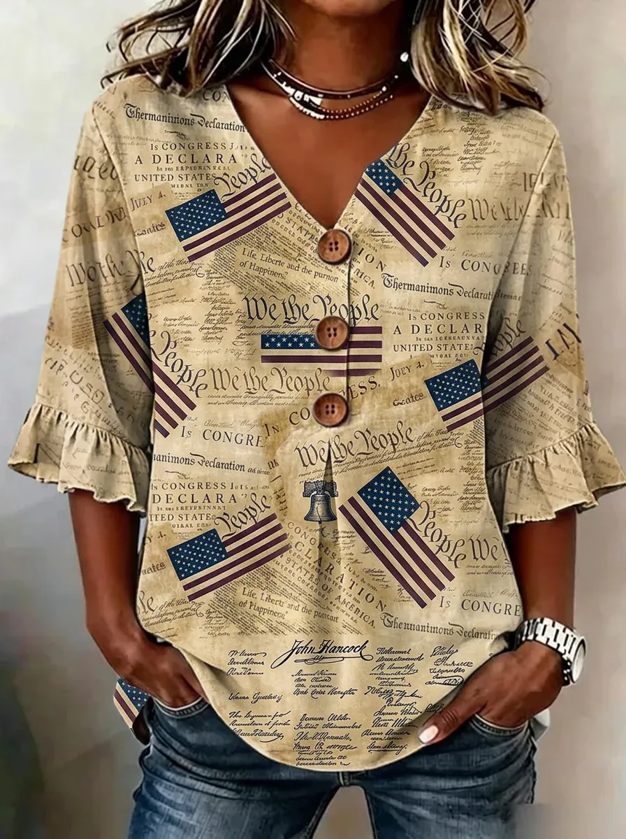 Women's Nashville USA Flag Declaration Printed V-neck Button Top