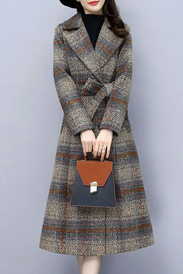Plaid Front Belt Double Breasted Lapel Coat