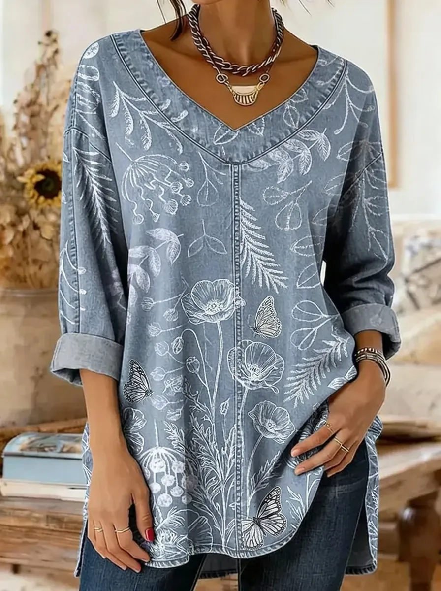 Women's Nashville Botanical Butterfly Printed V-Neck Top