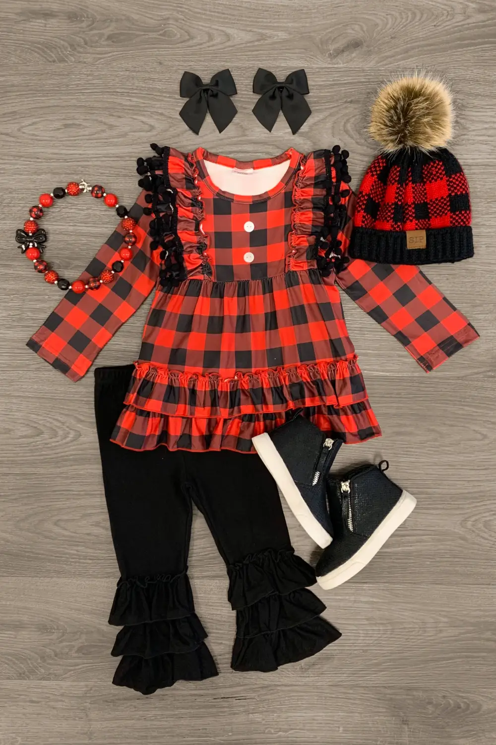 Red & Black Pom Pom Plaid Legging Set