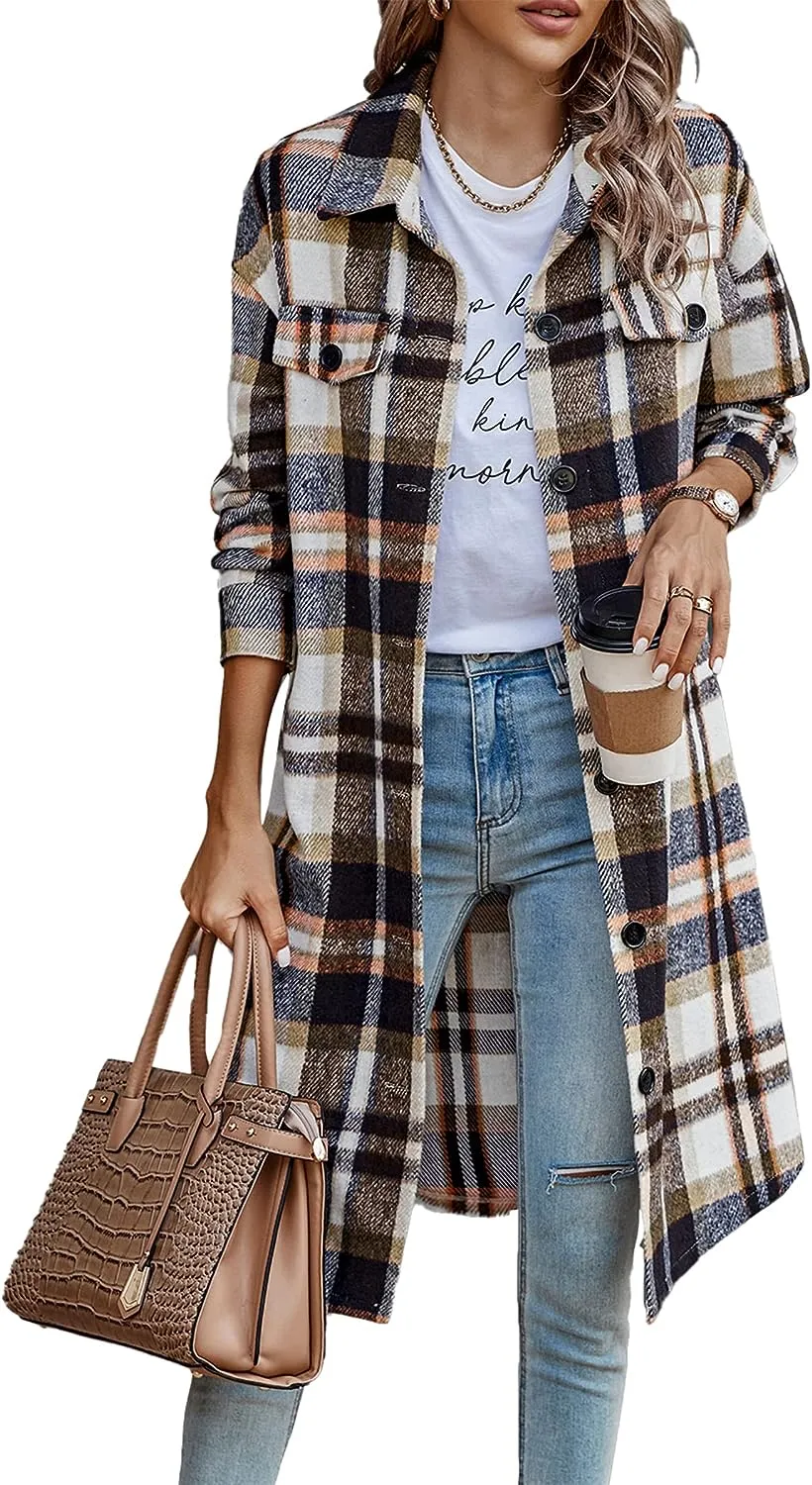 Women's Plaid Shacket 2023 Long Sleeve Button Up Flannel Shirt Winter Tartan Jacket Woolen Coats