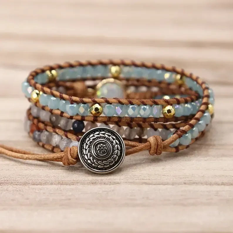 Healing Opal Protection Bracelet-Opal Stone Bead Meditation Bracelet-Natural Opal Moonstone Inspiring Bracelet-Leather Wrap Bracelet Gift