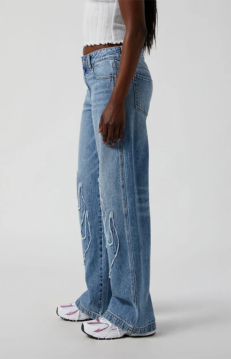 PacSun Casey Frayed Flame Patch Low Rise Baggy Jeans Medium Indigo