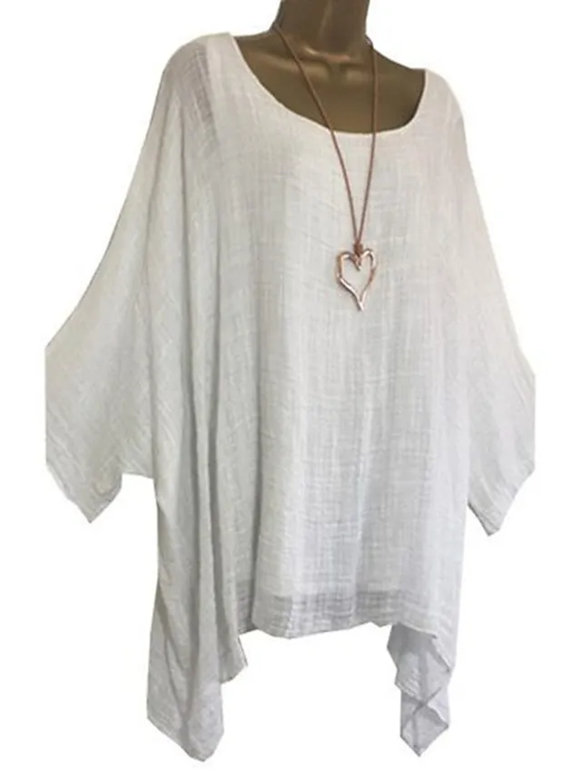 Women's Plus Size Shirt Blouse Black White Pink Plain Asymmetric 3/4 Length Sleeve Daily Vacation Going out Streetwear Daily Casual Boat Neck Regular Fit Spring Fall Fall & Winter