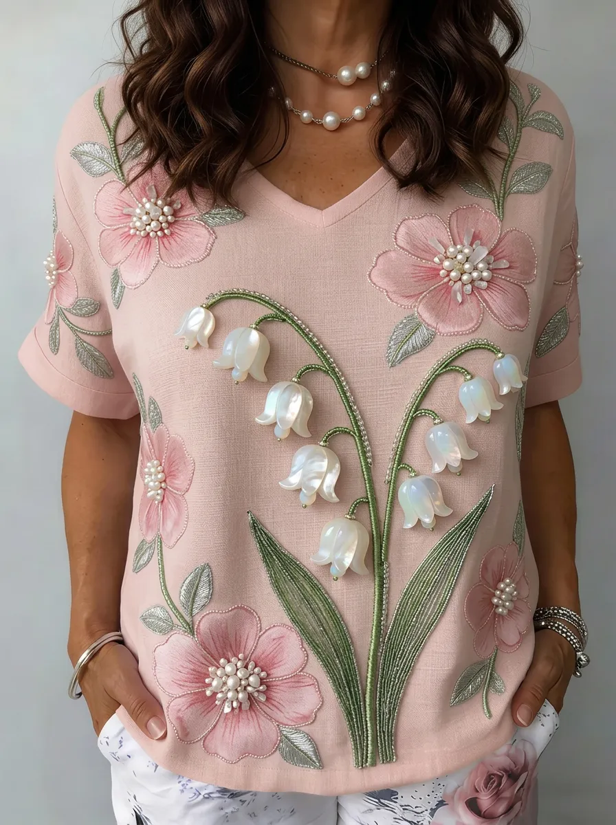 Women's Nashville Floral Lily of the Valley Embroidered Printed T-shirt