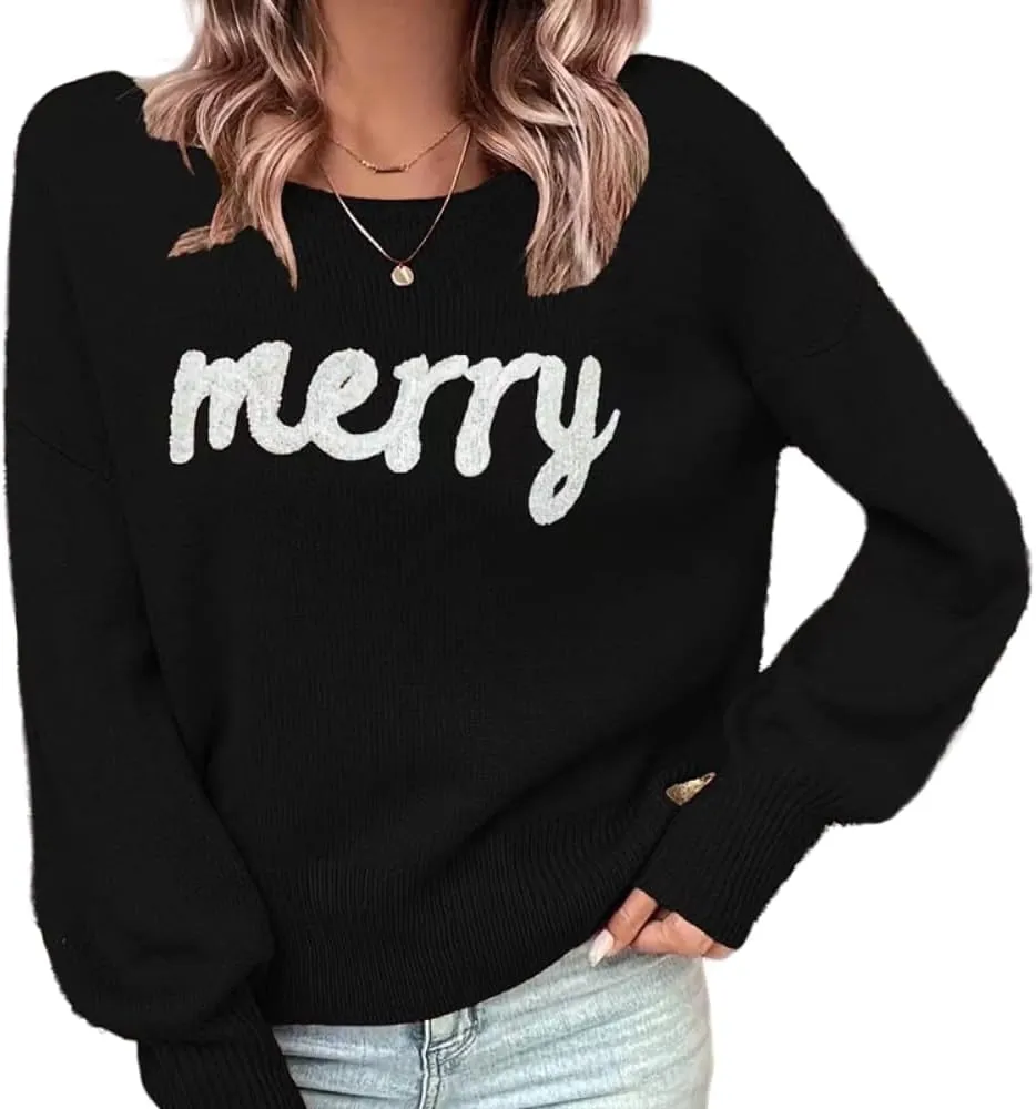 Merry Christmas Sweater for Women, Furry Pattern Xmas Sweatshirt Loose Pullover Tops Knit O Neck Long Sleeves