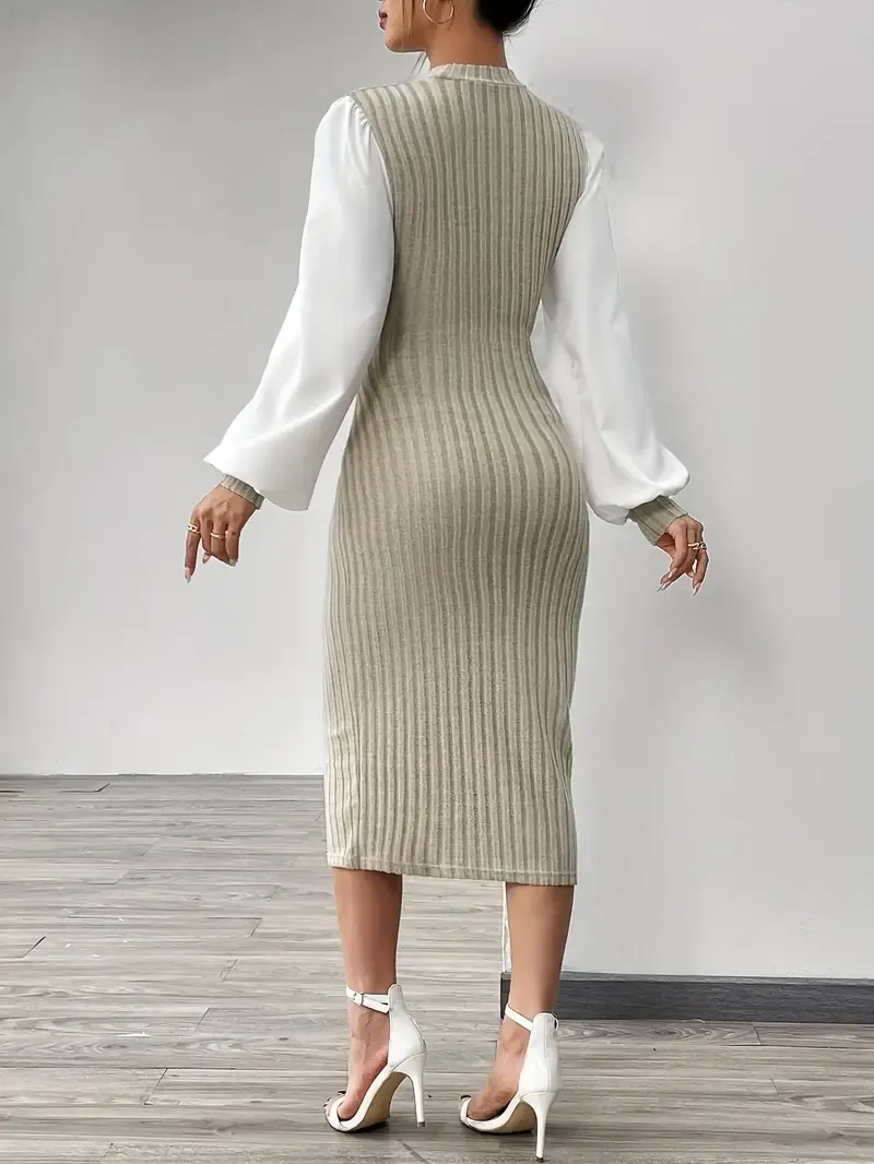 Elegant Women's Midi Dress with Ribbed Detail - Chic Mock Neck, Long Sleeve, Stretchy Pencil Skirt Style in Beige and White - Machine Washable for Spring & Autumn