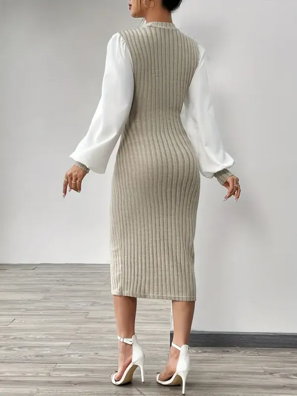 Elegant Women's Midi Dress with Ribbed Detail - Chic Mock Neck, Long Sleeve, Stretchy Pencil Skirt Style in Beige and White - Machine Washable for Spring & Autumn