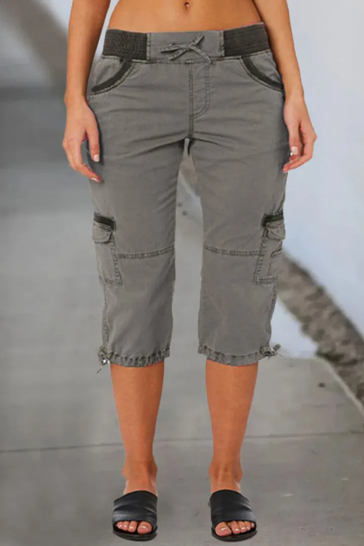 Drawstring Waist Flap Pocket Design Capris Pants