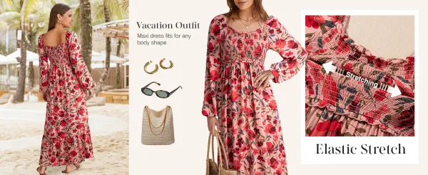 Boho Floral Smocked Square Neck Long Sleeve Maxi Dress