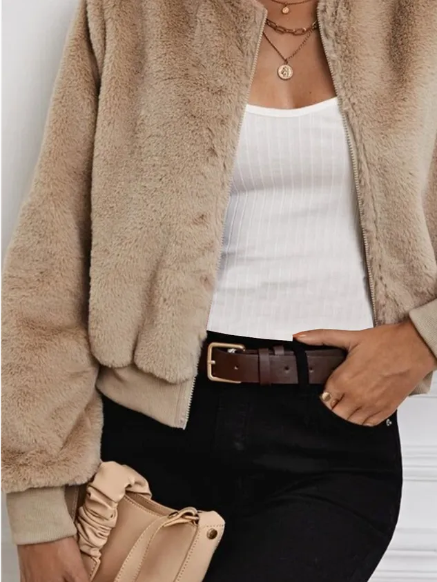 Angora-Blend Plain Casual Teddy Jacket