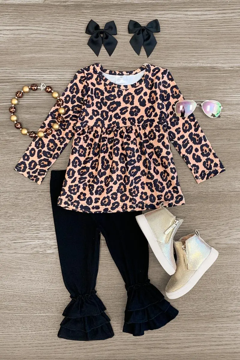 Tan Cheetah Ruffle Pant Set