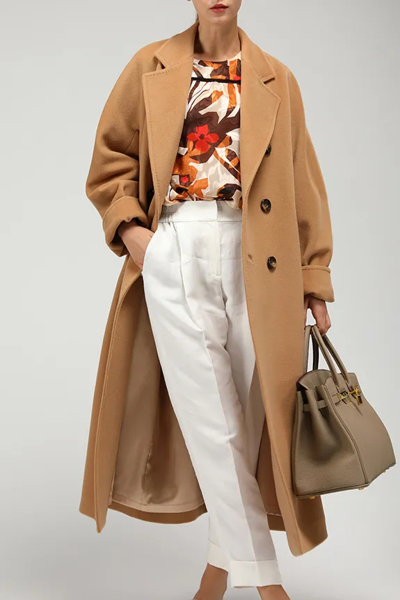 Solid double breasted cashmere lapel coat