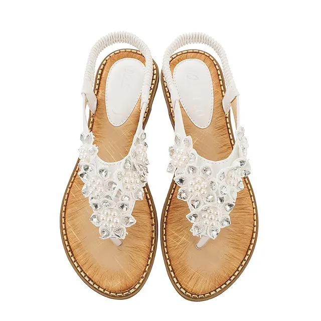 Women's Sandals Flat Sandals Party Beach Summer Rhinestone Flat Heel Round Toe Open Toe Elegant Casual PU Leather Elastic Band Solid Colored Almond Black White