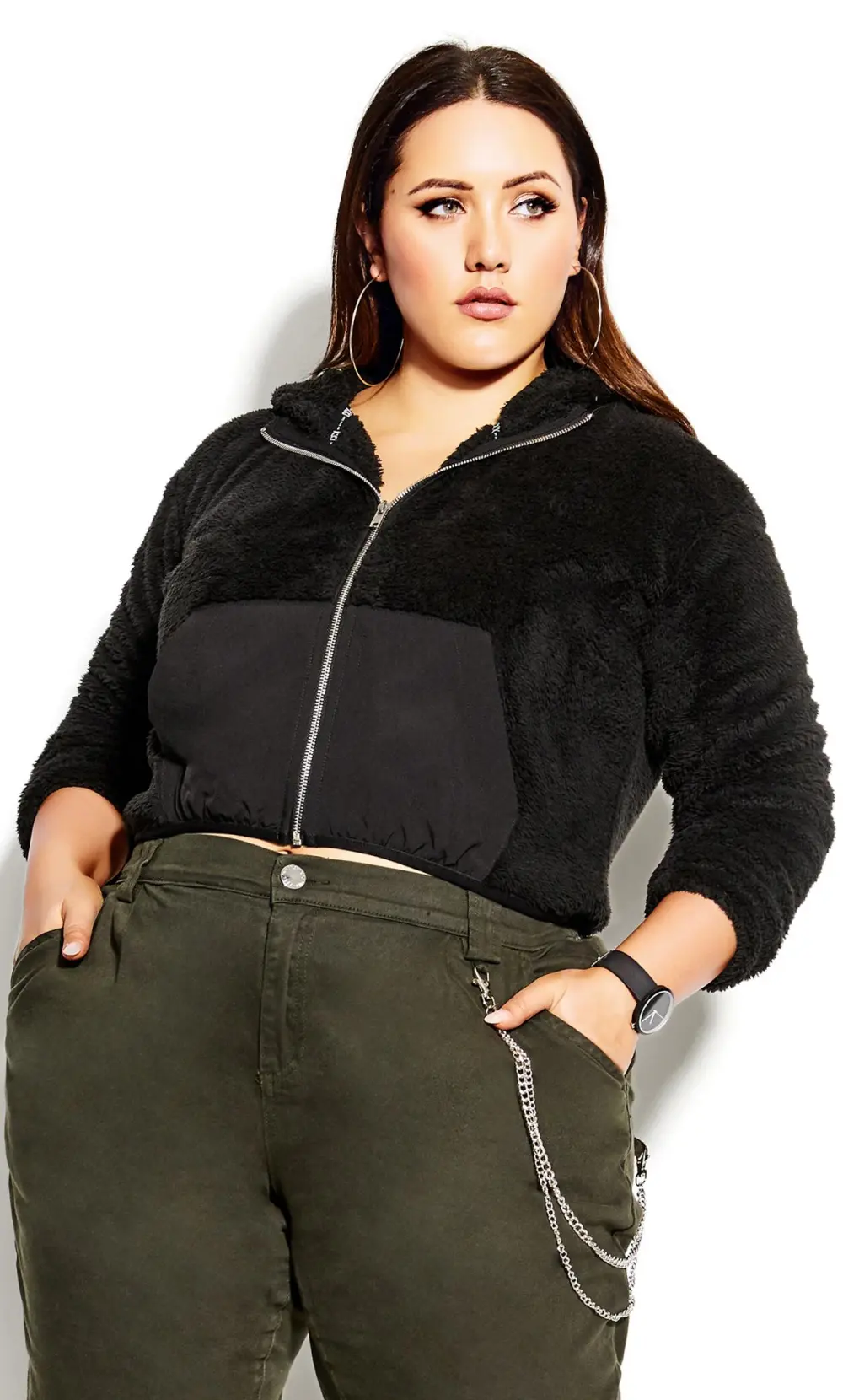 Evans Black Crop Teddy Jacket