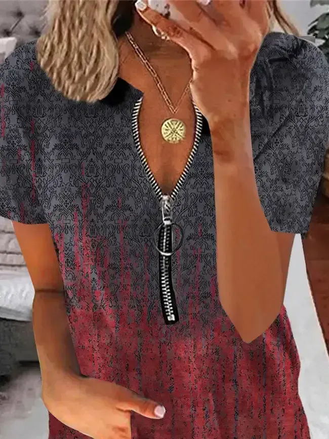 Women's Short Sleeve V-neck Graphic Printed Zipper Top