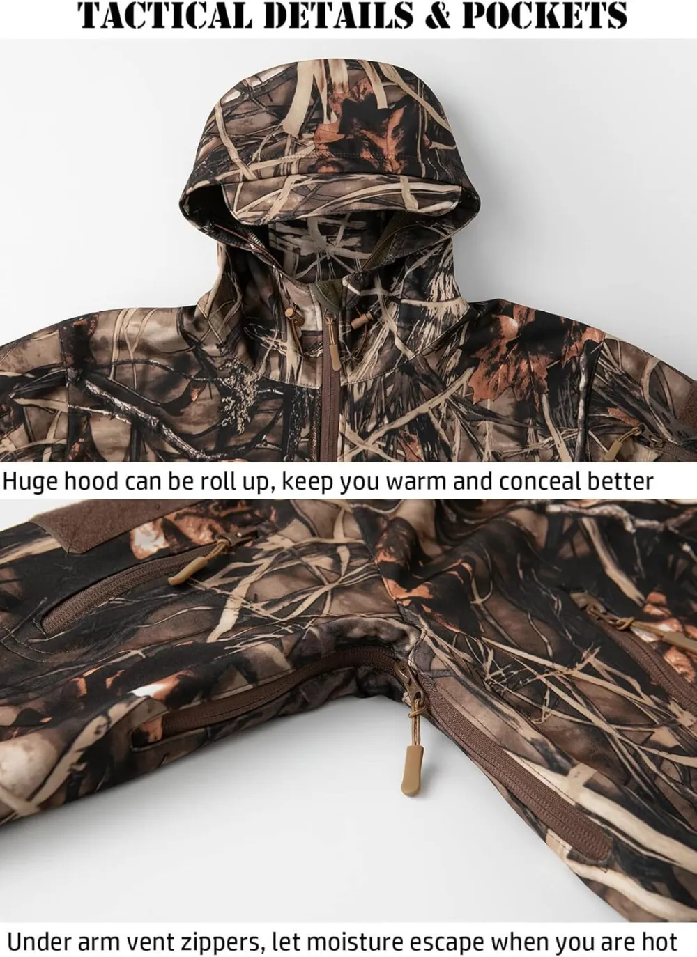 Men's Soft Shell Military Tactical Jacket Outdoor Camouflage Hunting Fleece Hooded Coat