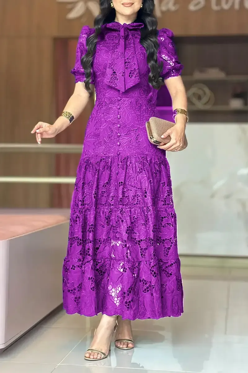 Women's Round Neck Printed Hollow Lace Temperament Dress