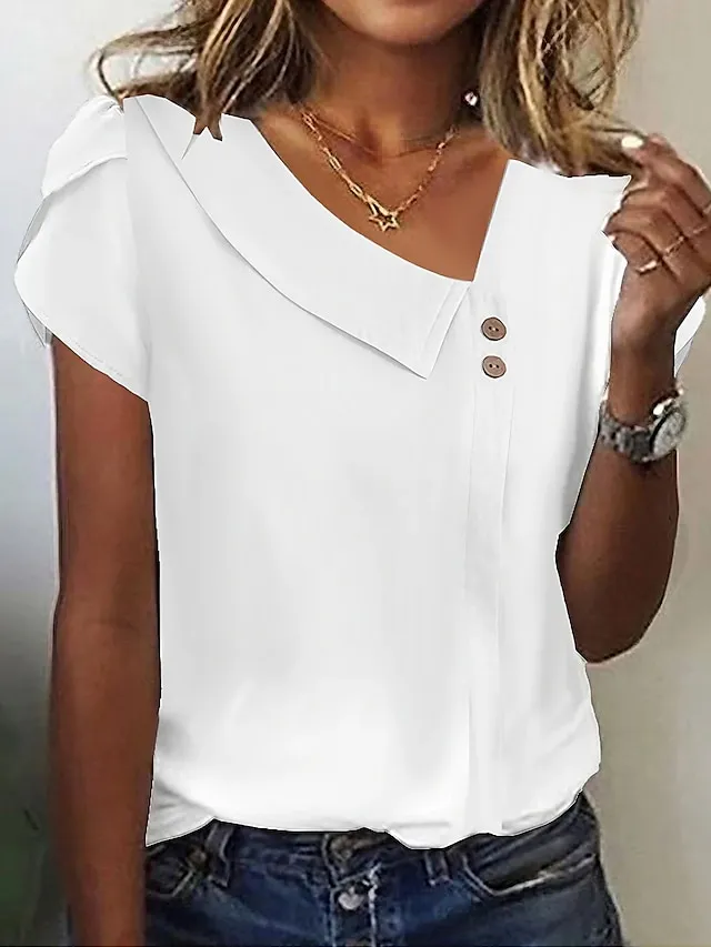 Women's Shirt Blouse White Blue Purple Plain Short Sleeve Casual Vintage Fashion Basic V Neck Regular Fit