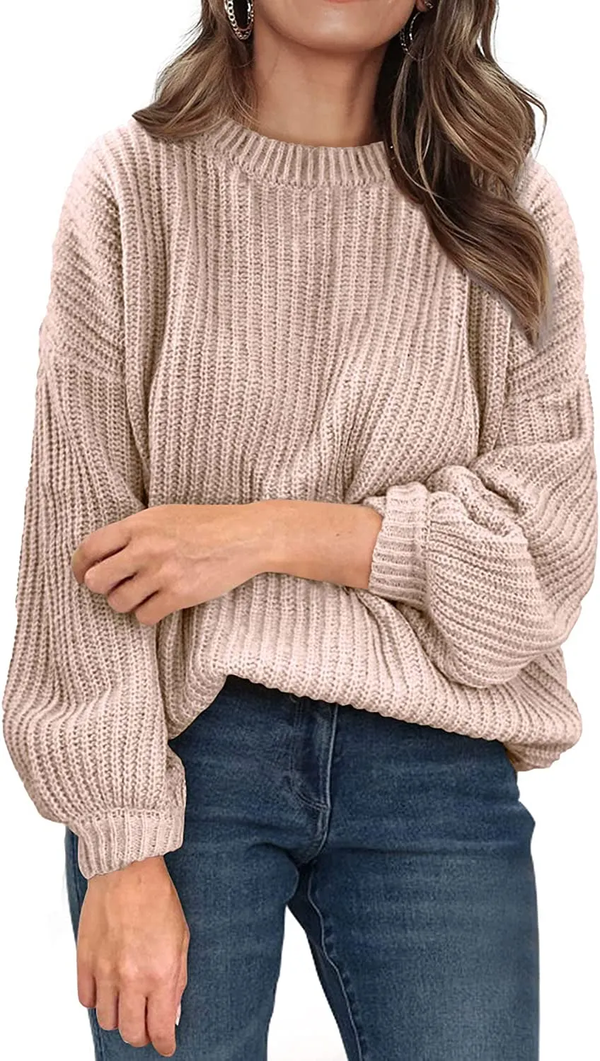 Women's Crew Neck Loose Drop Shoulder Lantern Sleeve Casual Solid Color Knit Pullover Sweater