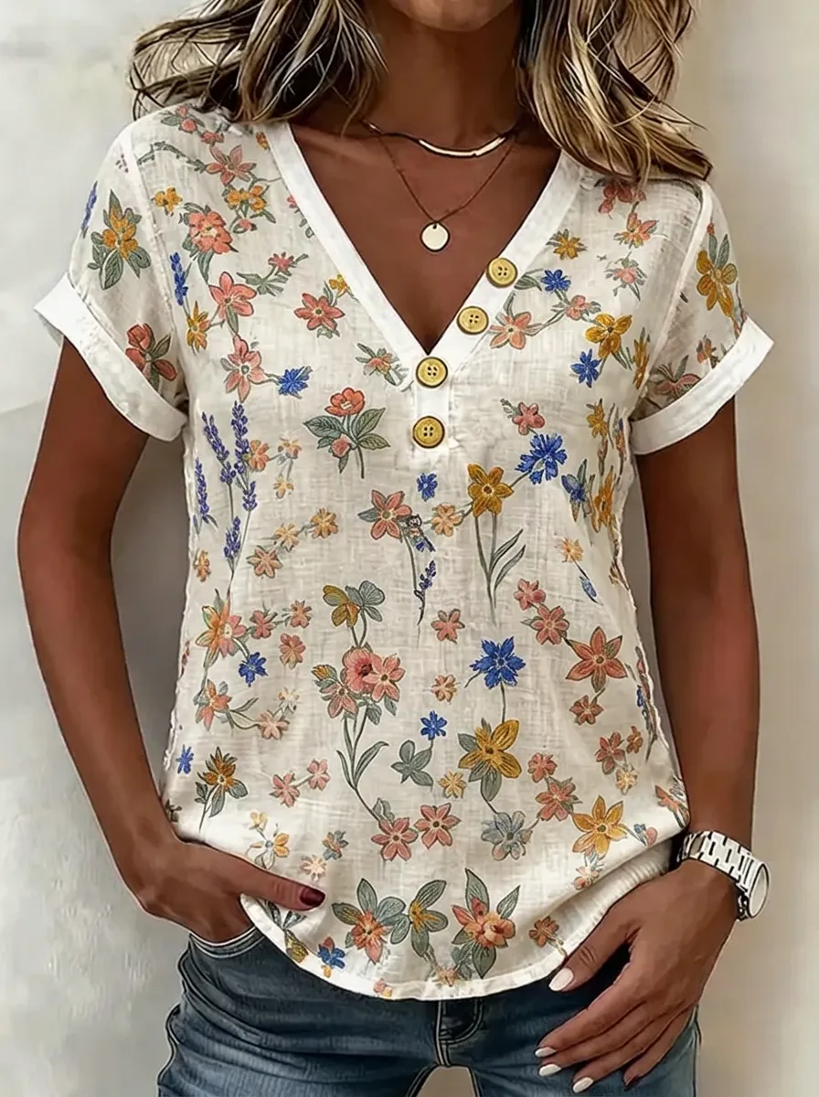 Women's Nashville Floral Botanical Printed V-Neck Button Top