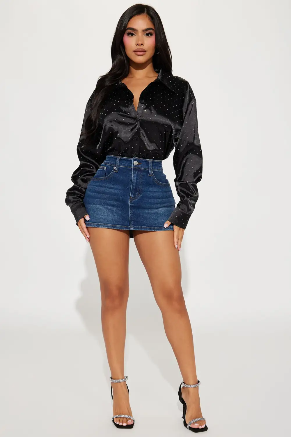 Moon Light Embellished Satin Shirt  - Black