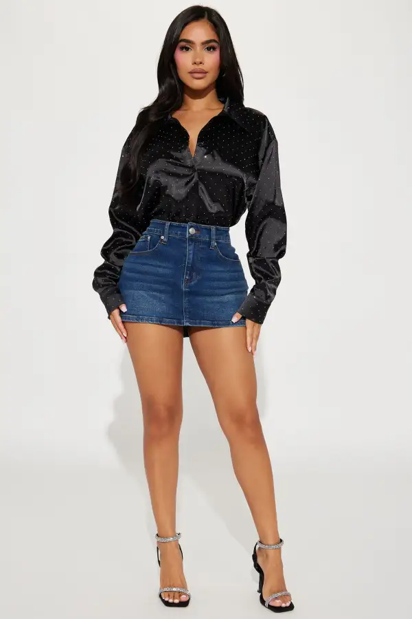 Moon Light Embellished Satin Shirt  - Black